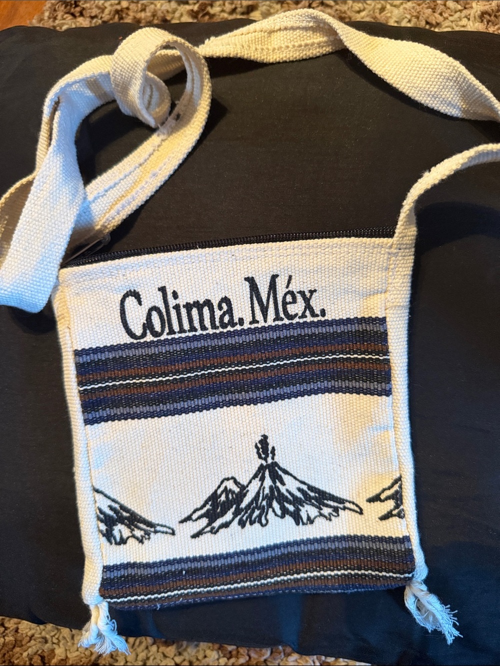 Colima, Méx. Cream Woven Crossbody Bag with Blue & Brown Stripes